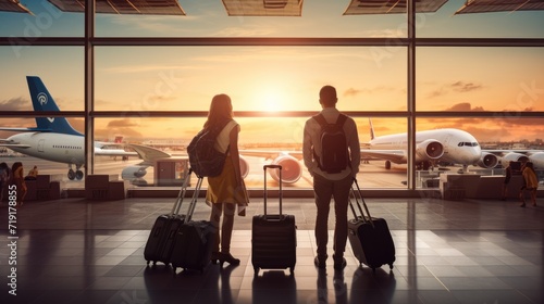 Tourist travel, Young couple standing at departure hall to travel by international flight airplane alone at sunset, modern lifestyle , AI generated photo, copy space for text