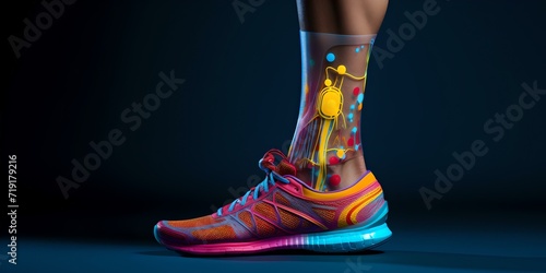 Futuristic athletic shoe showcasing transparent anatomy design on a runner's foot. vibrant colors, modern style. sportswear innovation concept. AI photo