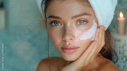 Beautiful freckled woman apply face cream. Facial anti age wrinkle spa procedure. Skin care product. Beauty cosmetic. Pretty girl relax after bath. Smear moisturizing mask. Natural eco spf sun creme. photo