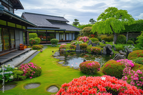 high view of a beautiful japan house with a large flower garden and koi fish pond