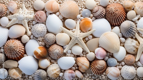 Seashells and starfish on sandy beach, natural textured background for summer travel design © Ilja