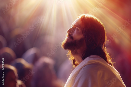 illustration of jesus christ in white clothes and loving peaceful face teaching crowd, blurry people and light rays in background