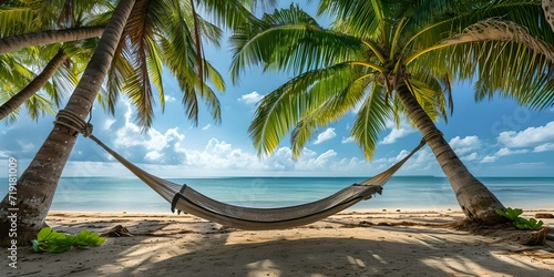 Idyllic tropical beach with hammock between palm trees  perfect vacation spot. serene and relaxing scene. AI