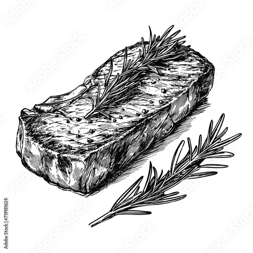 hand drawn illustration of raw beefsteak isolated on white background, black and white vector illustration in the style of vintage ink drawing © Favebrush