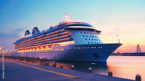 A modern, white cruise ship near the pier at sunset, side view. Travel and vacation © masyastadnikova