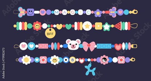 Cartoon collection of the beautiful plastic beads bracelets in retro style. Old school symbols, y2k objects for friendship accessories with bear, balloon, butterfly, flower, star, bff, magic. Vector