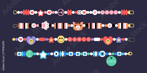 Set of cute plastic beads bracelets  Retro hand drawn elements with letters, heart, cat, paw, flower, star, moon sign, love, dance. Cartoon friendship accessories beaded. Vector illustration