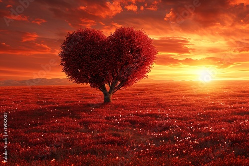 A crimson landscape at dusk, symbolizing adoration for the environment with a tree made of hearts.