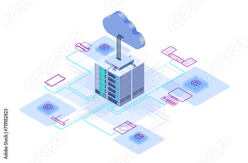 Data center or server room processing data operation with security protection and maintenance with isometric design style - vector	