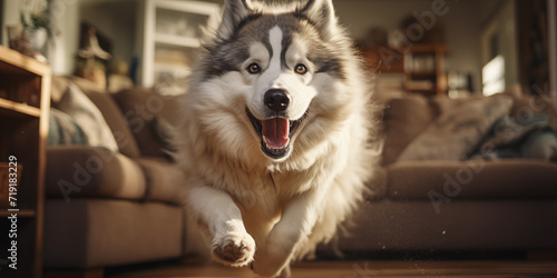 Dog running in the living room.Happy dog at home © Helka
