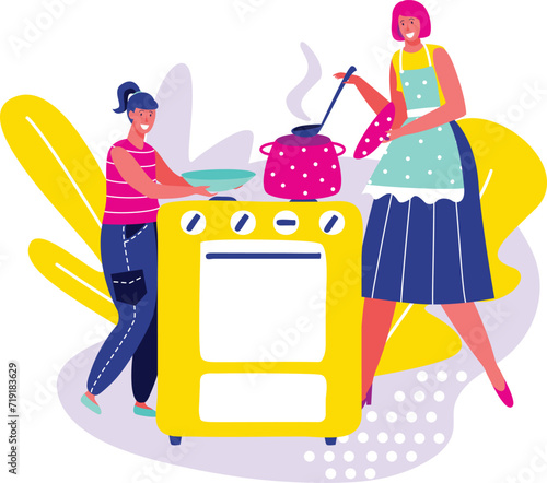 Two cartoon women cooking together in a stylized kitchen, one stirring a pot on a yellow stove, the other tasting soup. Friendly kitchen scene with female characters sharing a cooking activity in