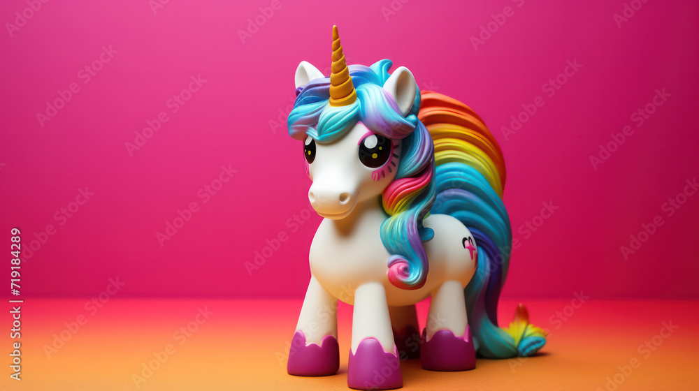 White unicorn mit rainbow mane sitting happy on a pink background with copy space. Card concept to celebrate your uniqueness and happiness in life. Banner for little girls and older ones. White unicorn mit rainbow mane sitting happy on a pink background with copy space. Card concept to celebrate your uniqueness and happiness in life. Banner for little girls and older ones.