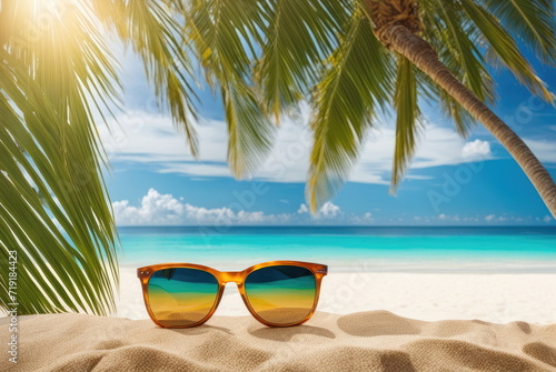 Sunglasses on Tropical Beach with Palm Trees