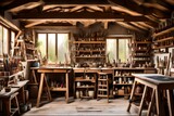 A rustic artist's studio nestled in the countryside, featuring a large skylight, wooden easels, and shelves filled with paintbrushes and jars of pigments, inspiring creativity and artistic expression.