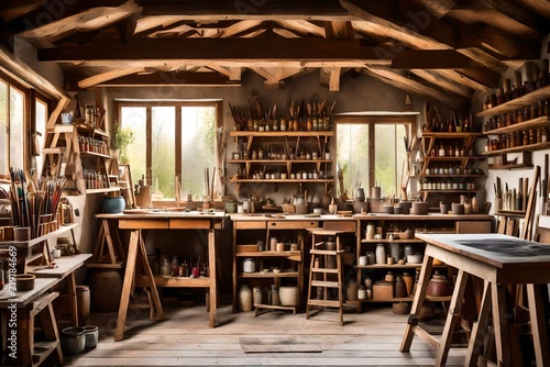 A rustic artist's studio nestled in the countryside, featuring a large skylight, wooden easels, and shelves filled with paintbrushes and jars of pigments, inspiring creativity and artistic expression. © ZQ Art Gallery 