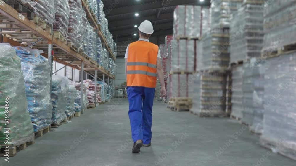 Worker Checks Imported Cargo In Storage At Industrial Warehouse. Storage Facility Worker Inspects Import Inventory. Import Supervisor Worker Ensures Goods In Storage Ready For Shipping Worker Checks Imported Cargo In Storage At Industrial Warehouse. Storage Facility Worker Inspects Import Inventory. Import Supervisor Worker Ensures Goods In Storage Ready For Shipping