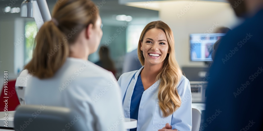 Friendly female healthcare professional interacting with colleagues. candid workplace moment in medical setting. contemporary clinic environment. AI Friendly female healthcare professional interacting with colleagues. candid workplace moment in medical setting. contemporary clinic environment. AI