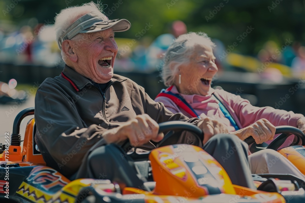 A couple of cheerful elderly people go karting - obrazy, fototapety, plakaty 