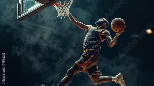 Slam dunk. Bottom view of competitive young African man, basketball player in motion with ball over dark background with smoke. photo