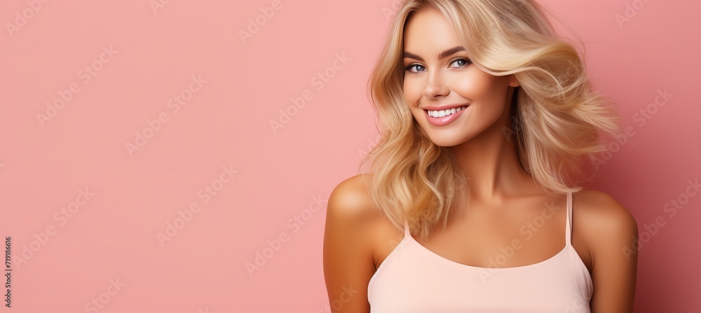 Happy woman posing for portrait, looking at camera, isolated on pastel background with text space Happy woman posing for portrait, looking at camera, isolated on pastel background with text space