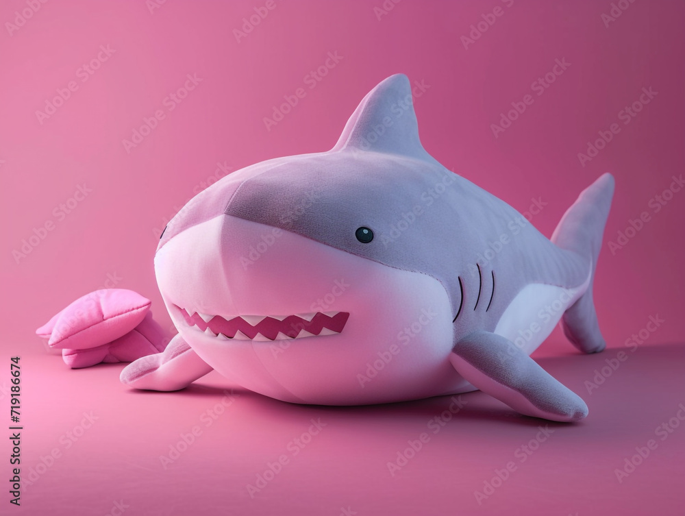 Cute kawaii squishy shark plush toy with realistic texture and visible stitch line. 