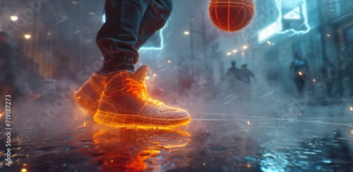 Bounce. Male leg in neon colored sneakers standing on basketball court with ball. Neon colored image.