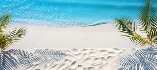 Tropical palm leaf shadow on water surface and white sand beach, summer vacation abstract background