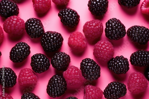 A photo showing ripe raspberries neatly arranged on a pink background.