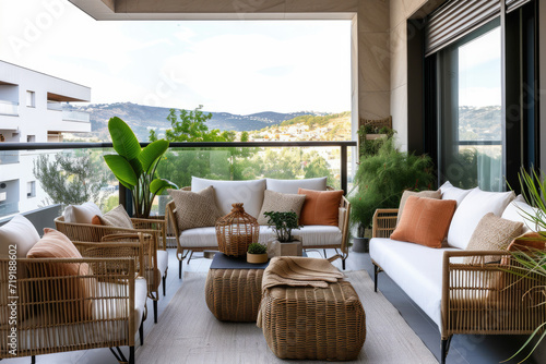 Large balcony with cozy sofas and armchairs and plants
