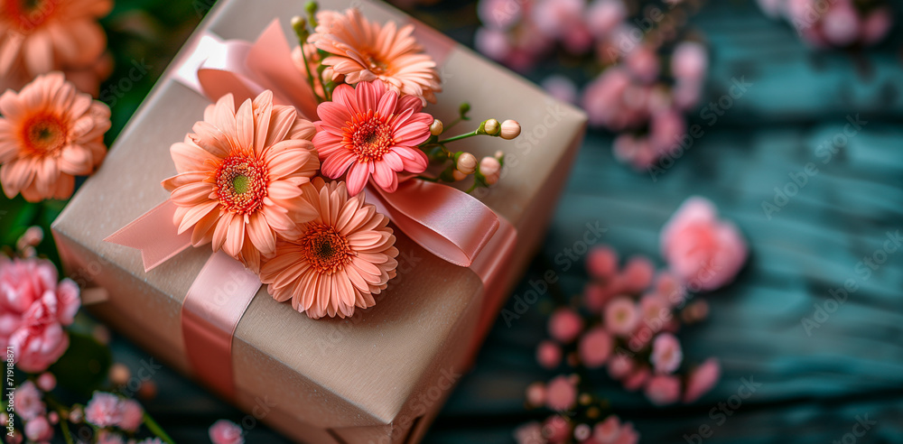Gift box and bouquet of delicate flowers on a wooden background.