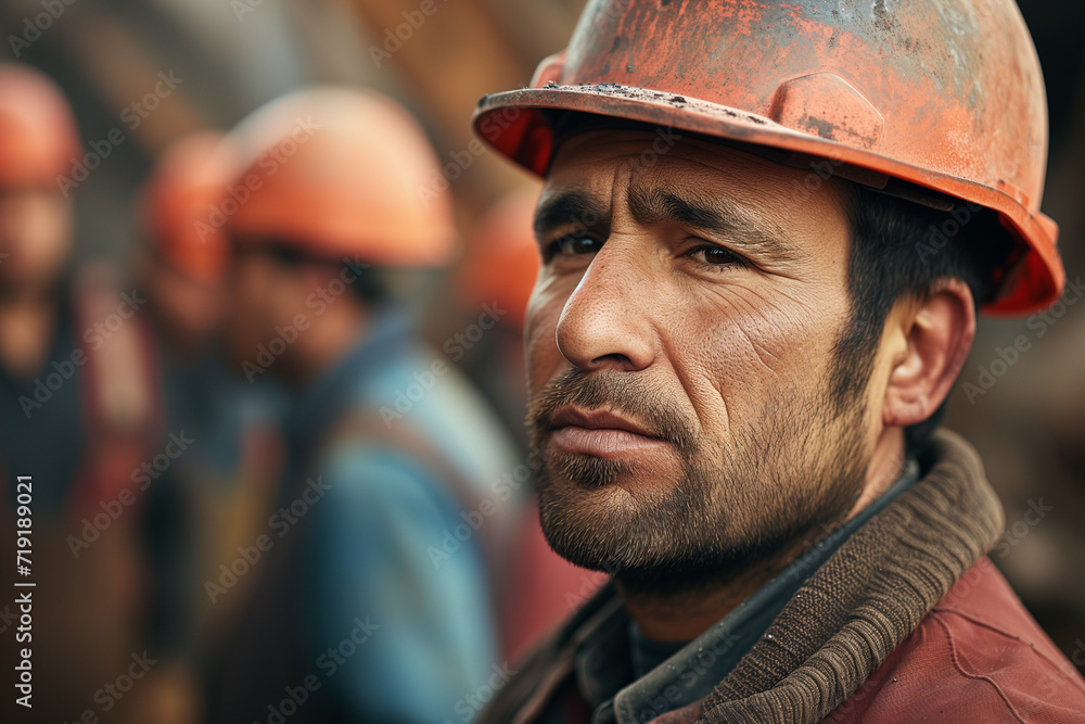 Focused Construction Professional: Close-up Portrait Amidst the Team