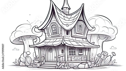 Fairy House Coloring Page, Fairy House Line Art. Fairy House Adult Coloring Page.