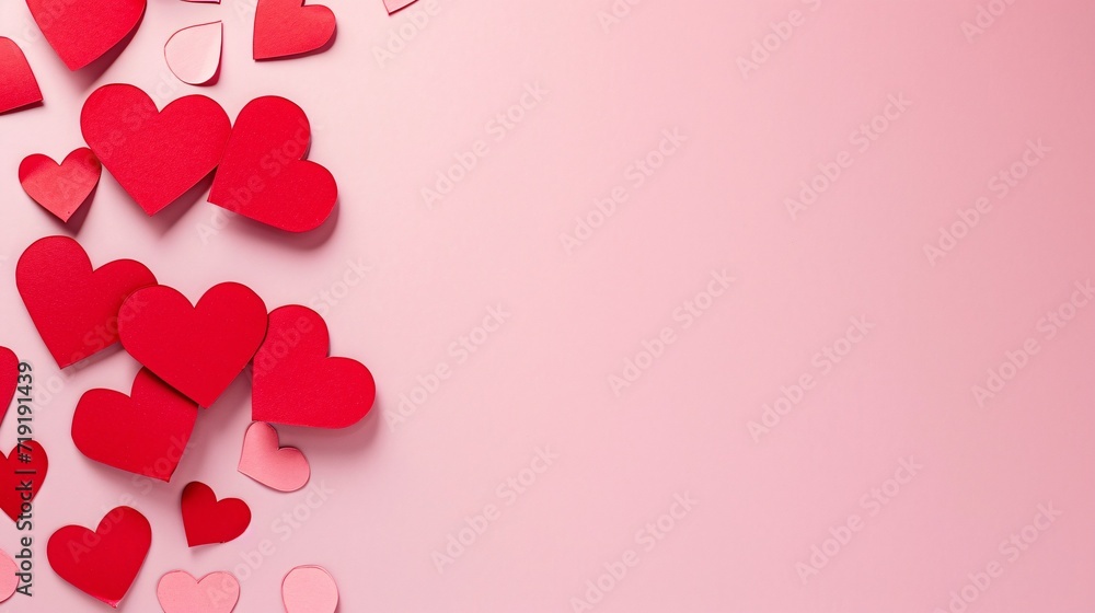 Top view of a paper cut background with red hearts, creating a romantic concept, accompanied by a lovely pastel pink table and a flat lay composition, perfect for a Valentines or Mothers Day