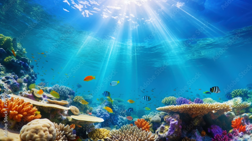 Fototapeta premium Underwater view of a colorful sea coral reef with fishes. Ocean ecosystem. Generative AI