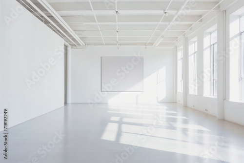 Empty interior of a modern art gallery. White canvas. Created with Generative AI technology 
