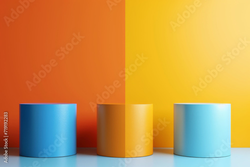 3D realistic yellow orange and blue cylinder product pedestal podium background.