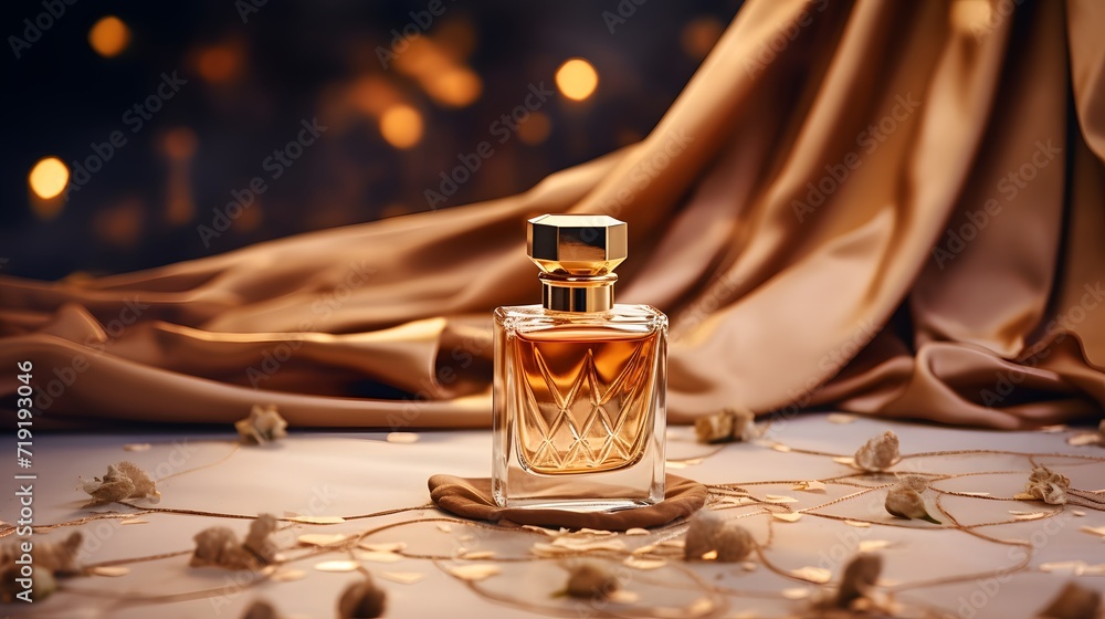 Luxury perfume with golden silk textile on background. - obrazy, fototapety, plakaty 
