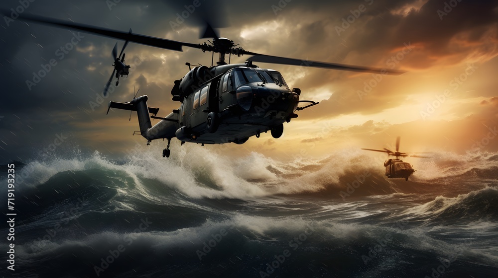 military war helicopters over the ocean - obrazy, fototapety, plakaty 