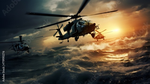 military war helicopters over the ocean