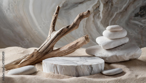 A composition of marble pedestals, driftwood, and stones on sandy surface, against a marbled background. Ideal for product display or nature-themed content.