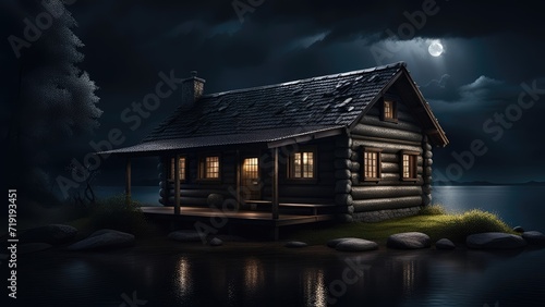 Wooden house and pond, old cabin in the middle of the lake in the rainy night