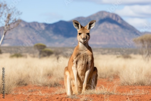 A kangaroo rests in the center of a barren desert landscape.