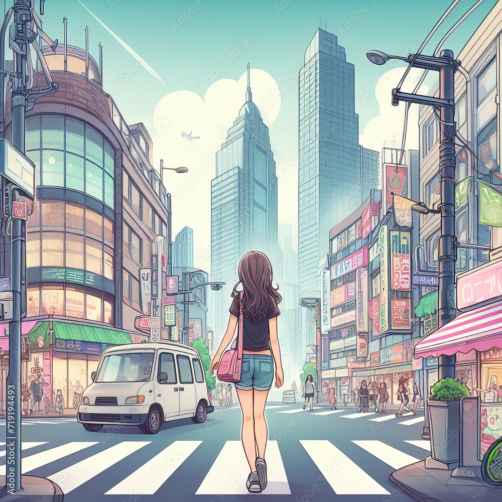 An anime girl standing in front of a big city.