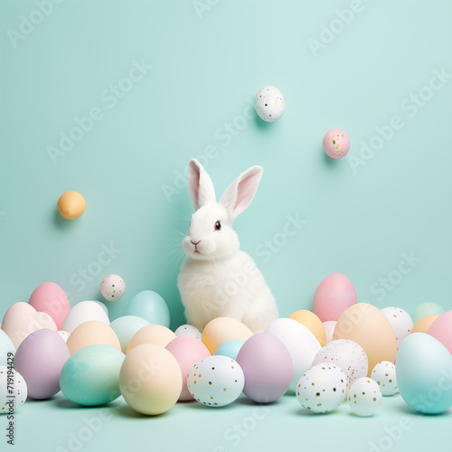 A white rabbit is sitting among pastel easter eggs on green background with small easter eggs on wall. Easter festival social media background design with copy space for text.