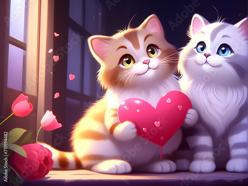 Couple cat happily on Valentine's Day holding a heart smiles happily.