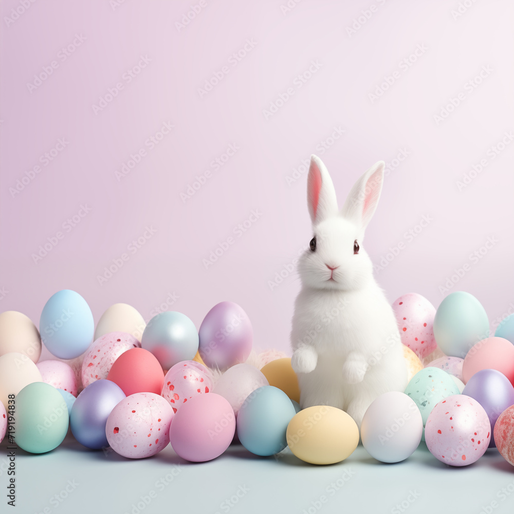 A white rabbit is sitting among pastel easter eggs on purple background and blue floor. Easter festival social media background design with copy space for text.