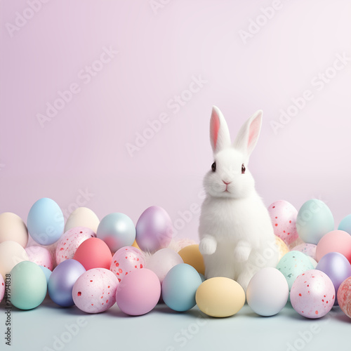 A white rabbit is sitting among pastel easter eggs on purple background and blue floor. Easter festival social media background design with copy space for text. © Kanlayarawit