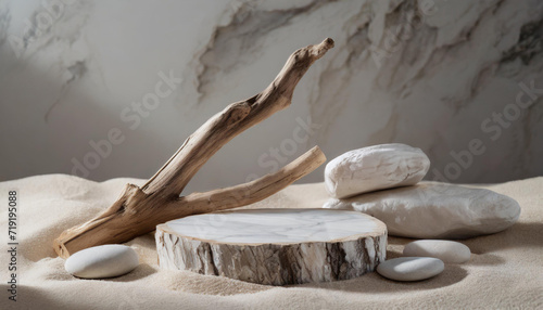 A composition of marble pedestals, driftwood, and stones on sandy surface, set against a marbled background. Ideal for product display or nature-themed content.