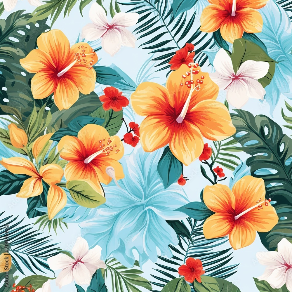 Tropical beach floral seamless pattern design for backdrop, fabric, wrapping paper, and more. Generative Ai Tropical beach floral seamless pattern design for backdrop, fabric, wrapping paper, and more. Generative Ai