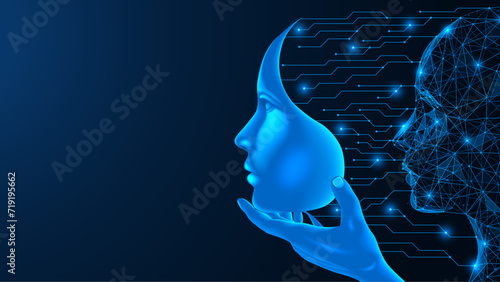 Artificial intelligence connects a human face. The creation of a humanoid robot. Polygonal design. Blue background.